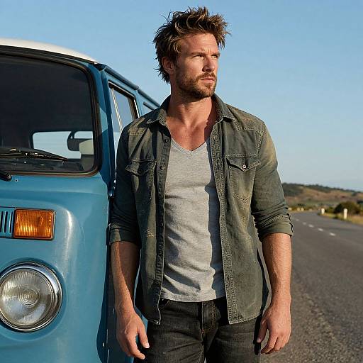 Man Standing Beside Vintage Blue Van on Open Road