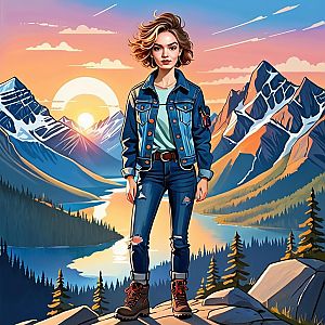 Confident Young Woman Overlooking Mountains at Sunset
