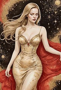 Elegant Woman in Gold Dress with Cosmic Background Digital Artwork