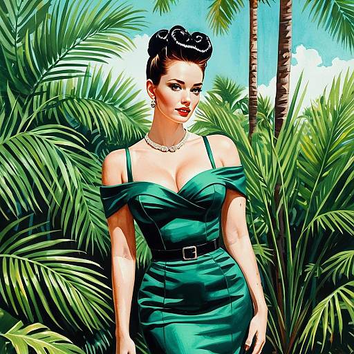 Vintage Glamour Woman in Emerald Green Dress with Tropical Palm Background