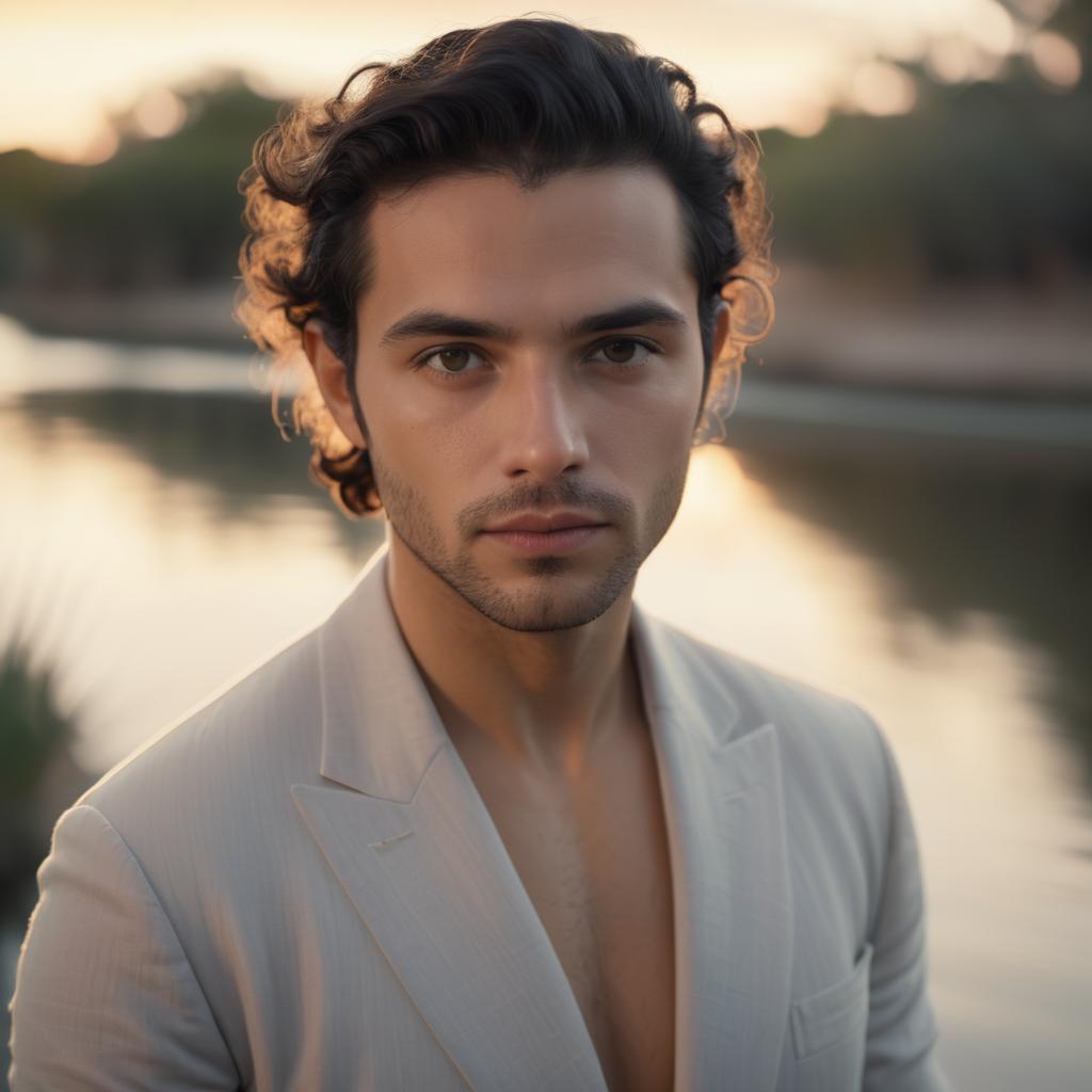 Stylish Young Man by Shimmering Lake at Sunset