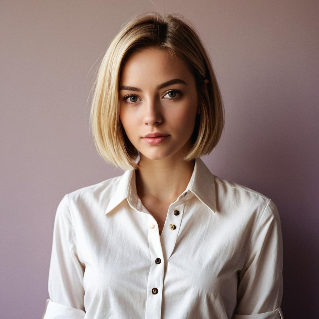 Portrait of Young Woman in White Shirt with Blonde Bob Hairstyle Portrait of Young Woman in White Shirt with Blonde Bob Hairstyle