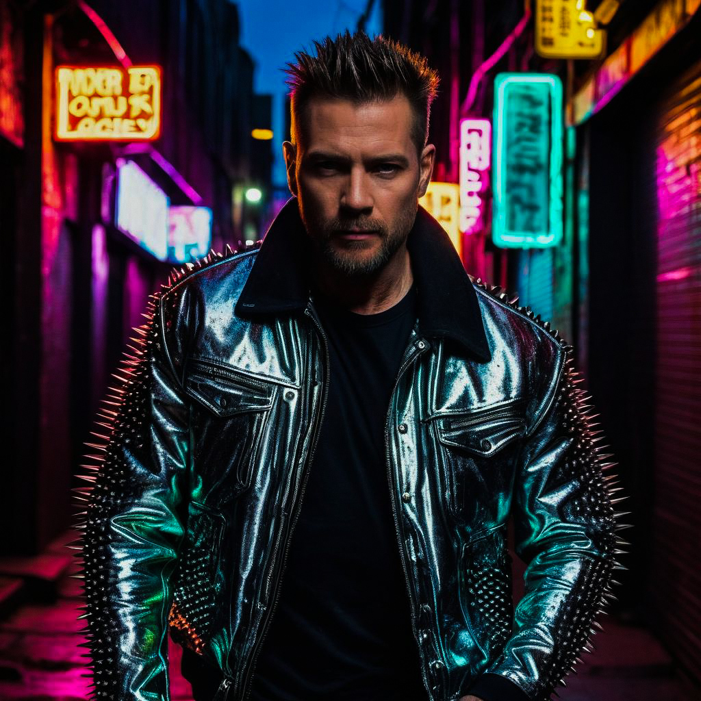 Man in leather jacket in neon-lit alley