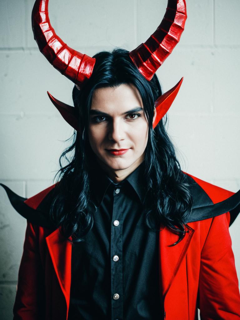 Devil-Inspired Cosplay with Red Horns and Gothic Flair