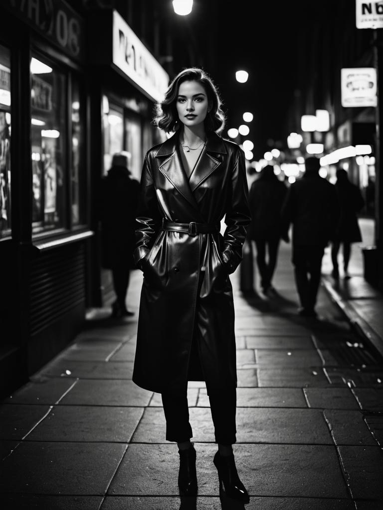 Confident Woman in Leather Trench Coat - Film Noir Style