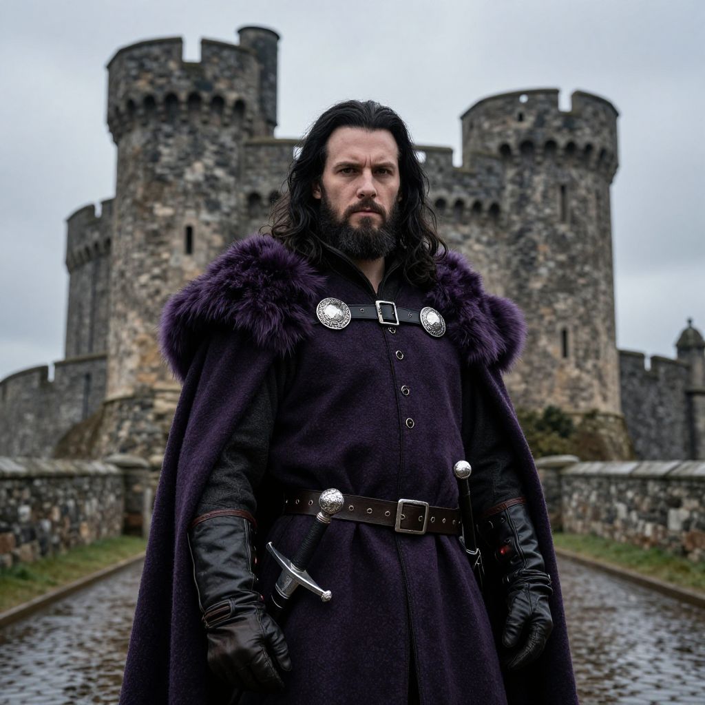 Medieval Noble Man in Purple Cloak Standing at Castle Entrance