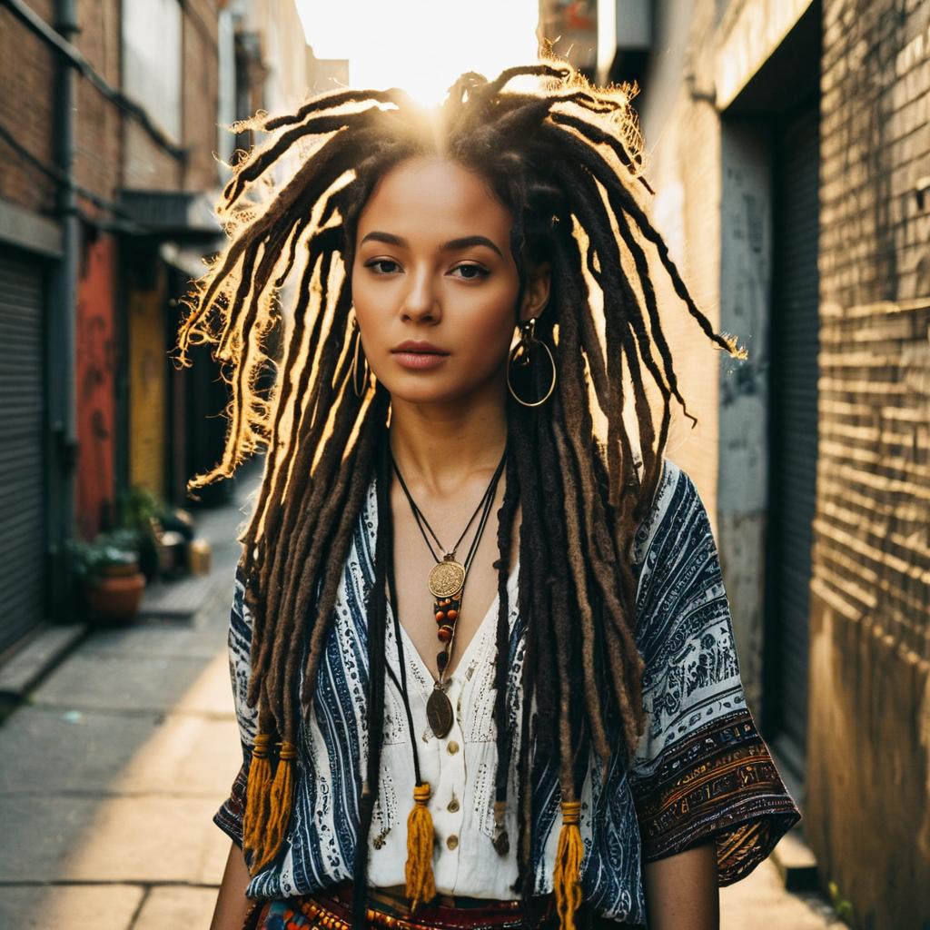 Bohemian Woman with Dreadlocks in Sunlit Urban Alley