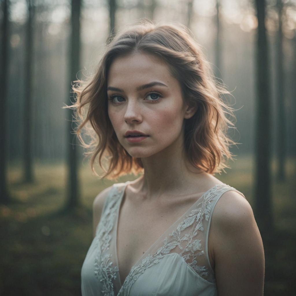 Woman in Serene Forest with Lace Dress