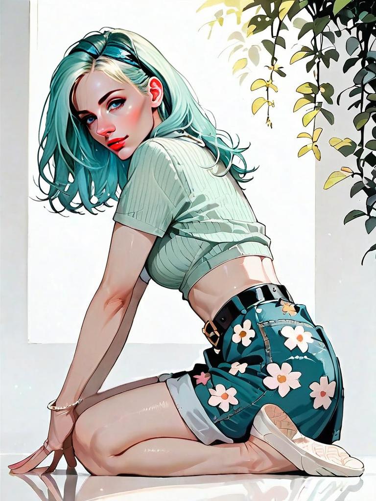 Realistic Comic Style Woman with Mint Green Hair in Floral Shorts and Cropped Top
