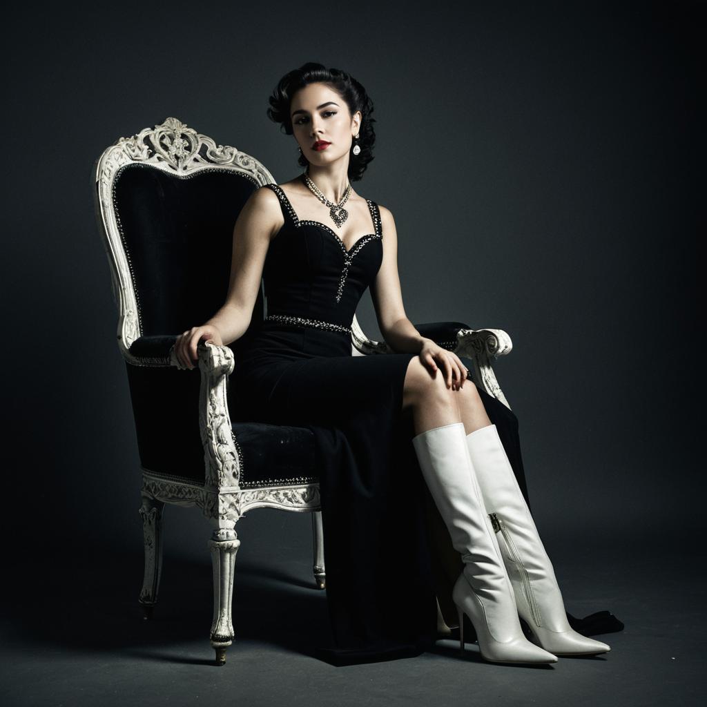 Elegant Woman in Black Dress and White Boots Sitting on Vintage Chair