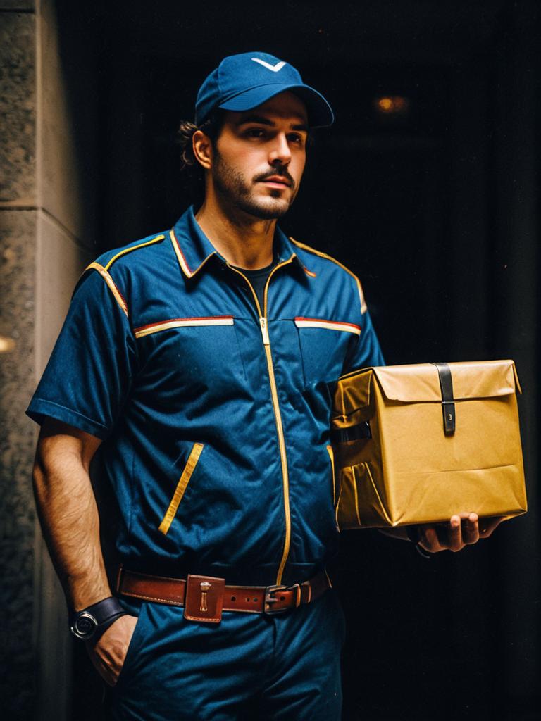 Man in Realistic Courier Costume Holding Package - Delivery Uniform Cosplay