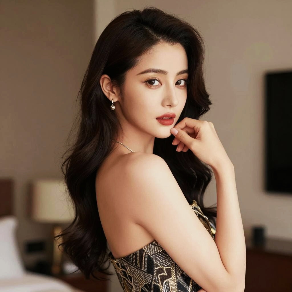 Elegant Woman in Patterned Strapless Dress with Wavy Hair and Glamorous Makeup