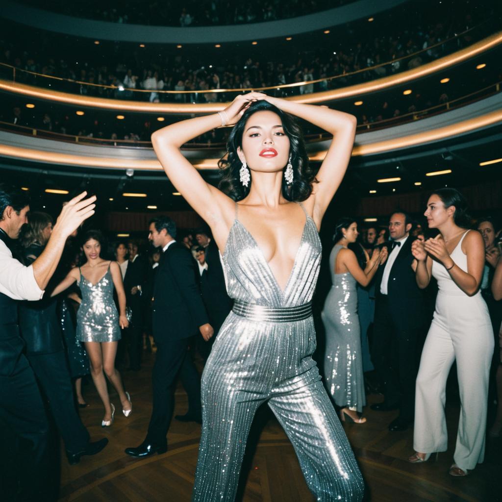 Glamorous Woman in Silver Jumpsuit at Elegant Ballroom Party