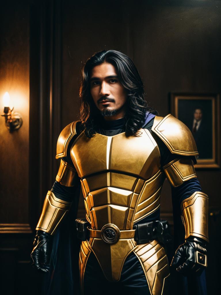 Man Cosplay Wearing Dave Panpa Gold Armor Realistic Costume