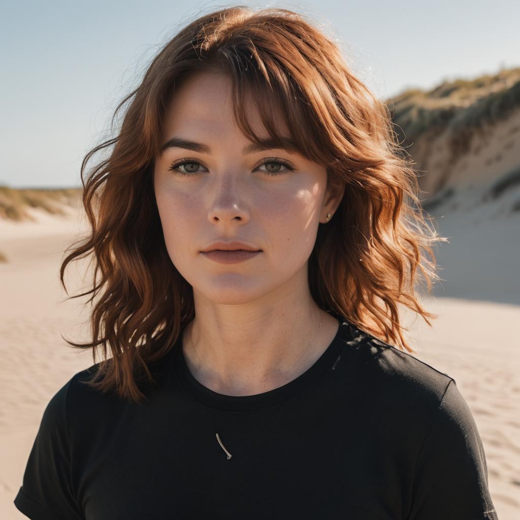 Portrait of Young Woman with Wavy Hair on Sandy Dunes