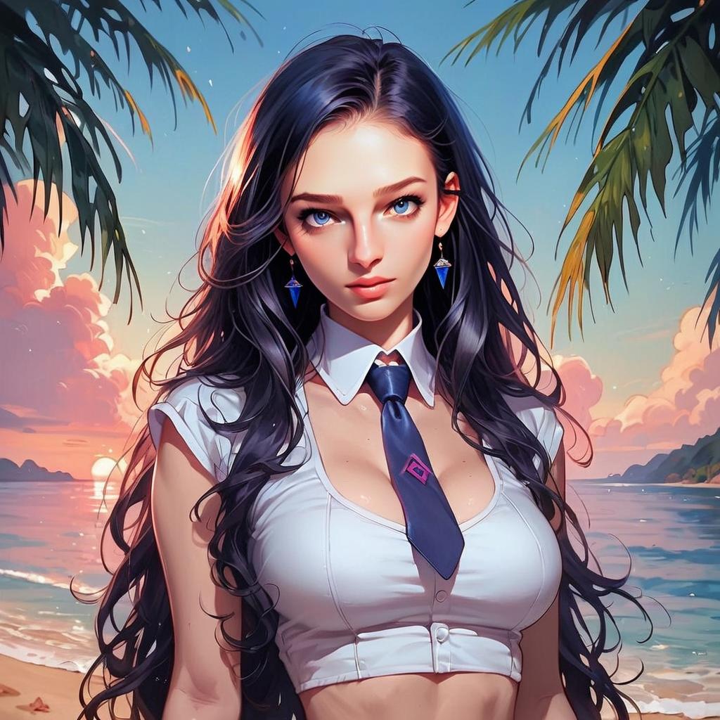 Young Woman on Tropical Beach at Sunset