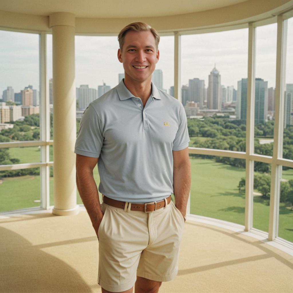 Smiling Man in Smart Casual Attire with City Skyline View