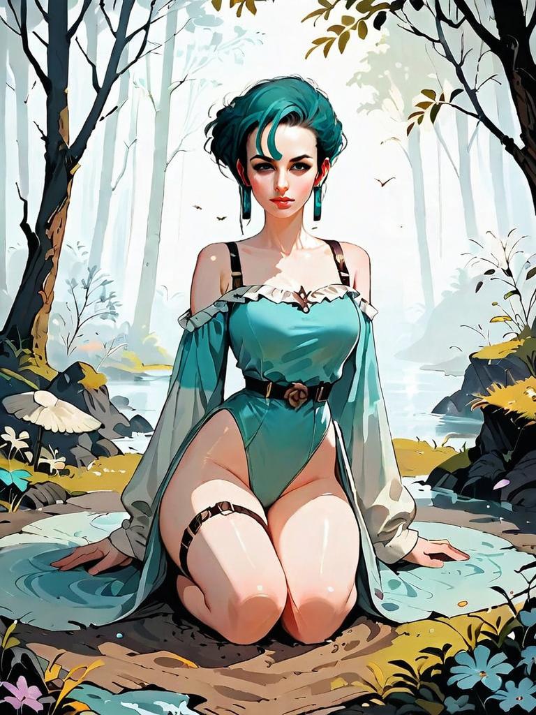 Dark Fantasy Woman in Medieval Outfit Kneeling in Enchanted Forest Illustration
