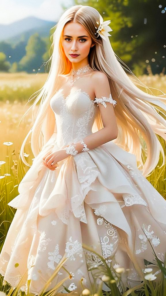 Young Woman in White Gown in Sunlit Meadow Young Woman in White Gown in Sunlit Meadow