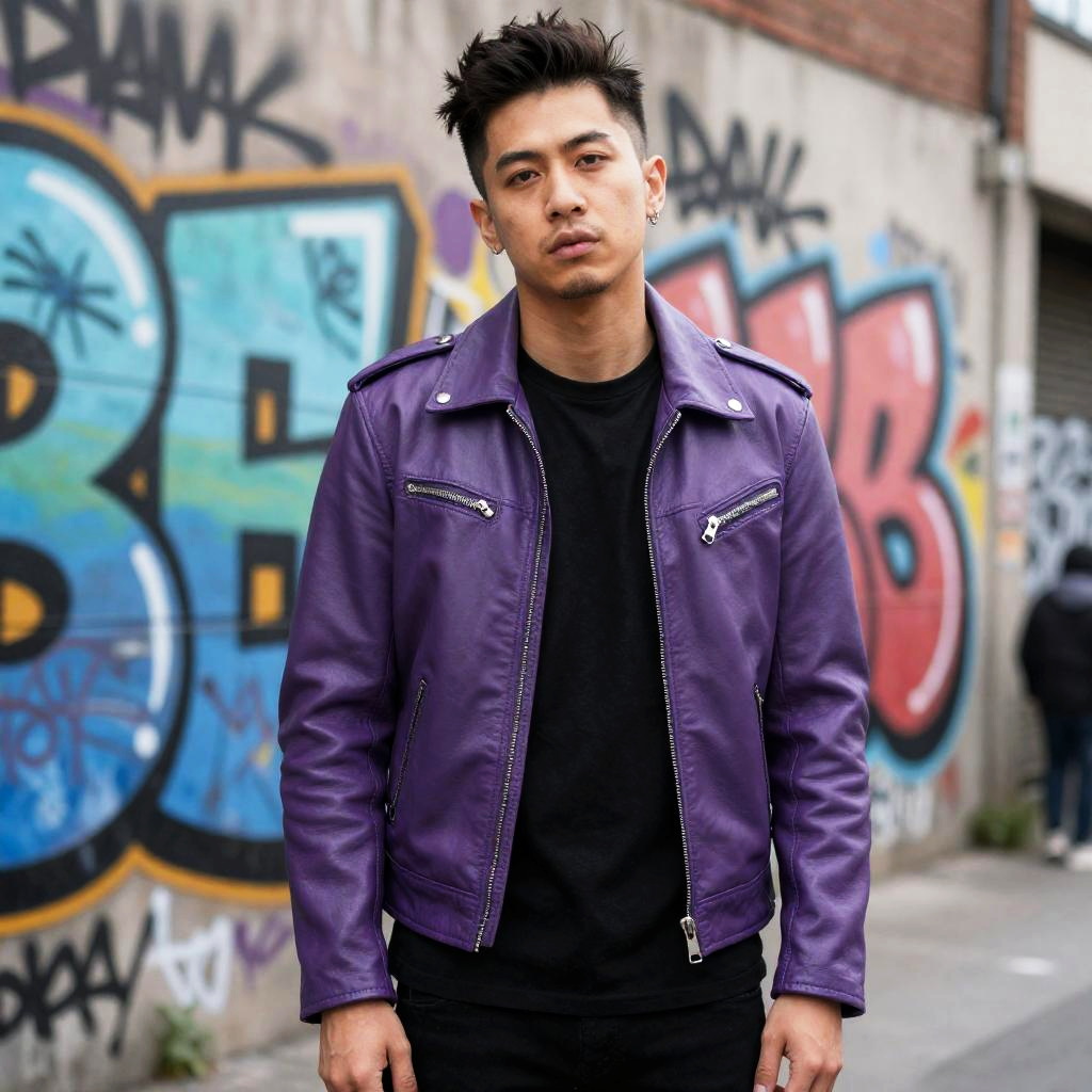 Young Man in Purple Leather Jacket with Urban Graffiti Background