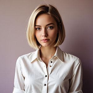 Portrait of Young Woman in White Shirt with Blonde Bob Hairstyle