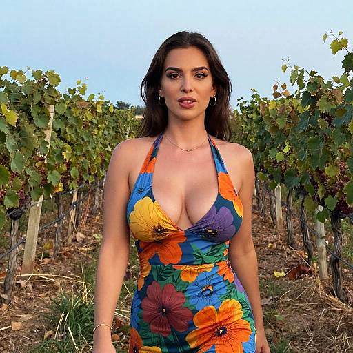 Woman in Vibrant Multicolored Floral Halter Dress in Vineyard
