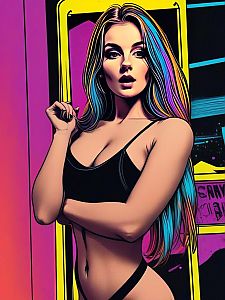 Confident Young Woman in Black Lingerie with Colorful Hair