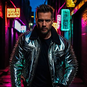 Man in leather jacket in neon-lit alley