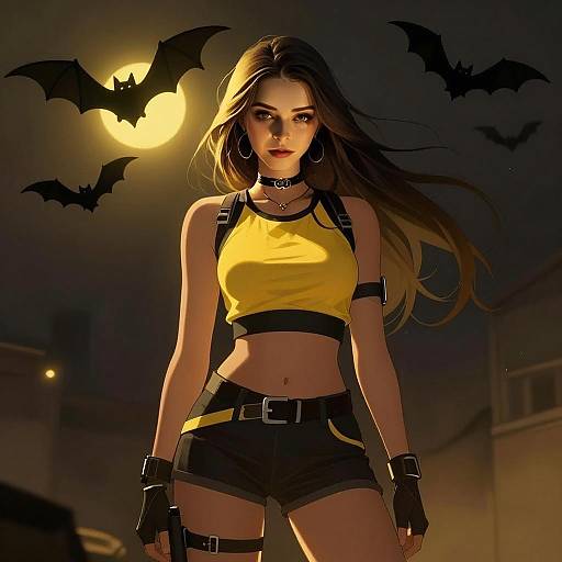 Modern Young Woman with Bats and Full Moon Digital Art