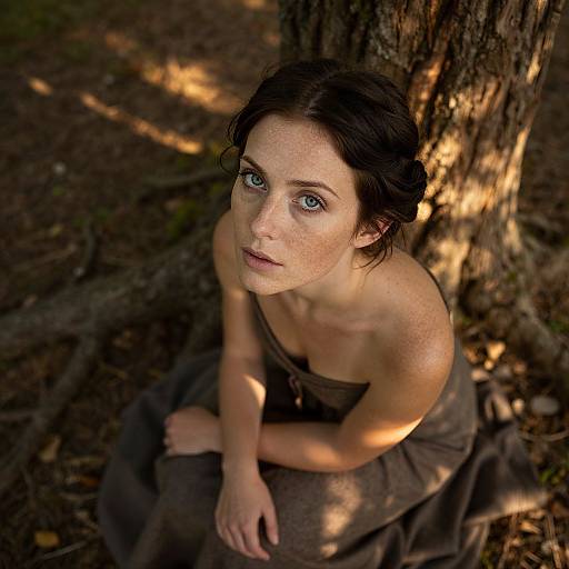 Portrait of Woman in Earth Tone Dress Sitting by Tree in Forest