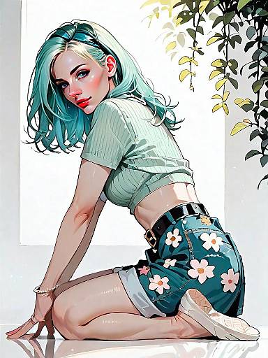 Realistic Comic Style Woman with Mint Green Hair in Floral Shorts and Cropped Top