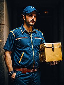 Man in Realistic Courier Costume Holding Package - Delivery Uniform Cosplay