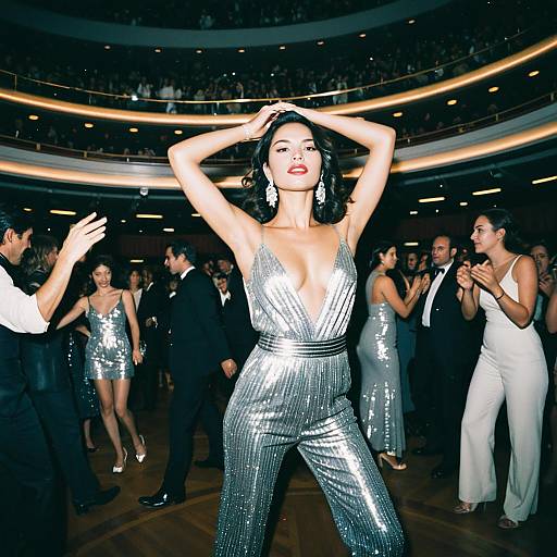 Glamorous Woman in Silver Jumpsuit at Elegant Ballroom Party