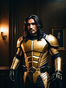 Man Cosplay Wearing Dave Panpa Gold Armor Realistic Costume