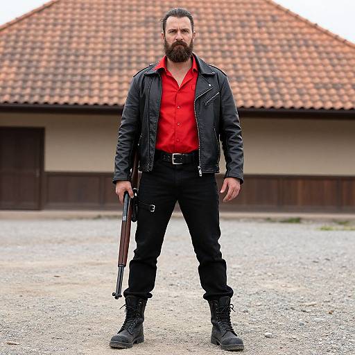 Bearded Man in Red Shirt and Black Leather Jacket Holding Rifle Outdoors