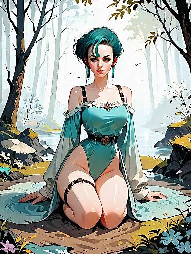 Dark Fantasy Woman in Medieval Outfit Kneeling in Enchanted Forest Illustration