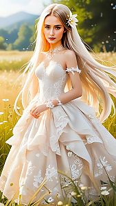 Young Woman in White Gown in Sunlit Meadow