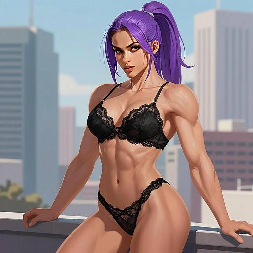 Muscular Woman with Purple Hair in Black Lace Lingerie on Rooftop