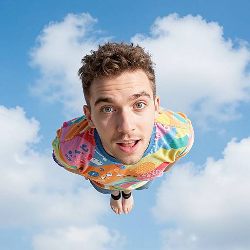 Young Man Floating Jumping in Colorful Shirt Against Blue Sky