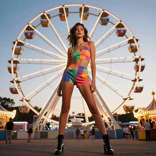Gen Z Fashion Woman in Colorful Outfit at Ferris Wheel Amusement Park