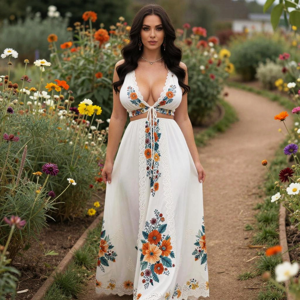 Busty Woman in Bohemian White Maxi Dress with Floral Print and Lace
