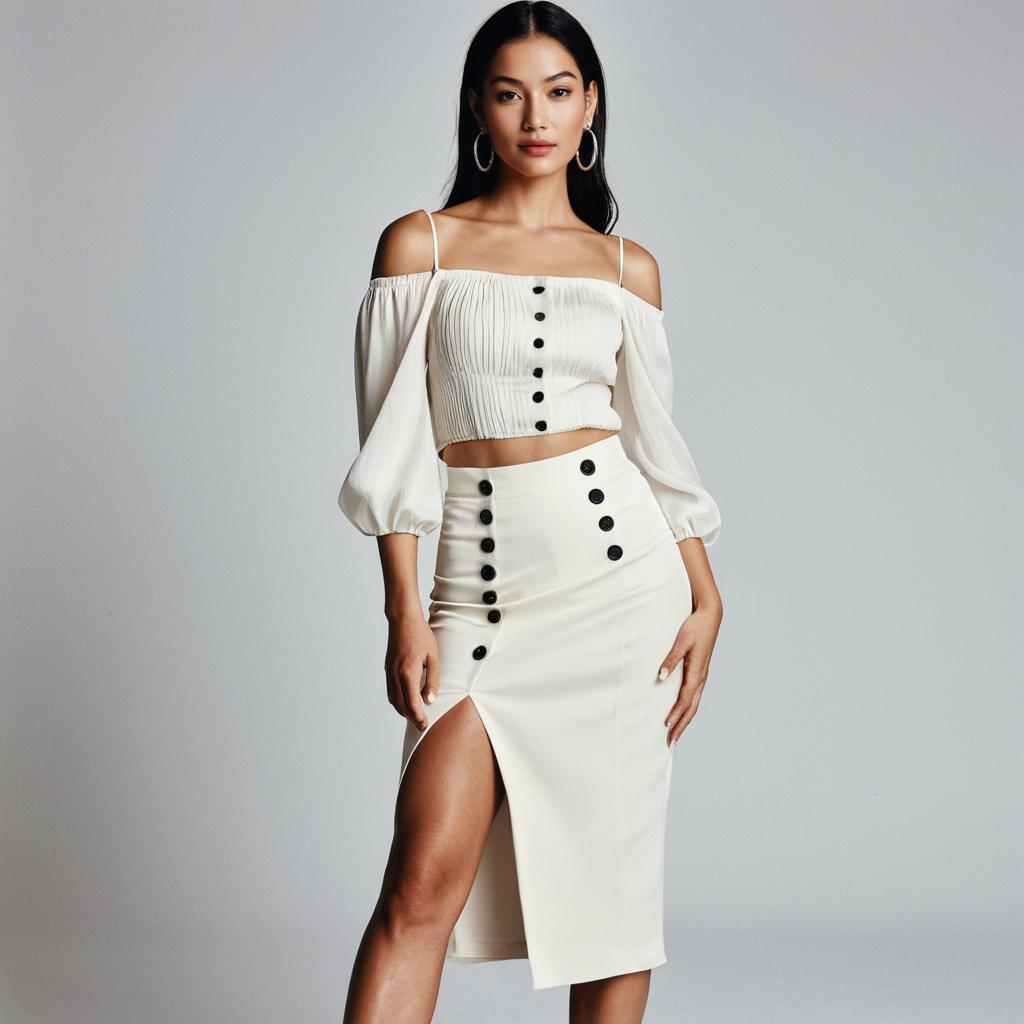Elegant Woman in White Two-Piece Outfit with Button Detailing and Front Slit Skirt