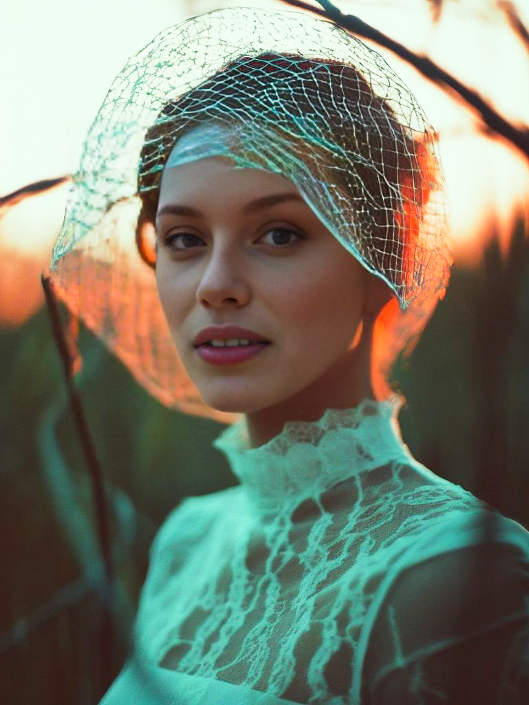 Elegant Woman in Lace Dress with Sunset Glow