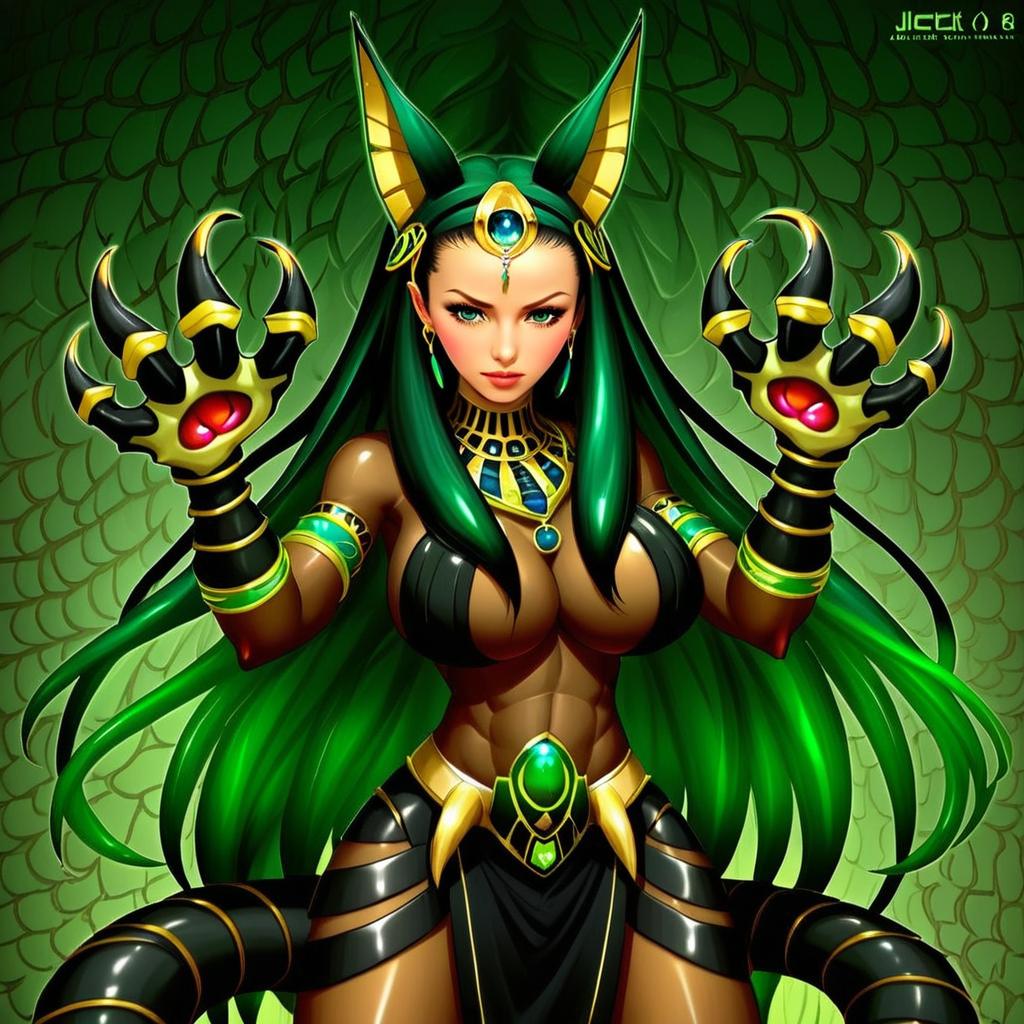 Anubis Monster Girl Illustration with Emerald Armor and Clawed Gauntlets