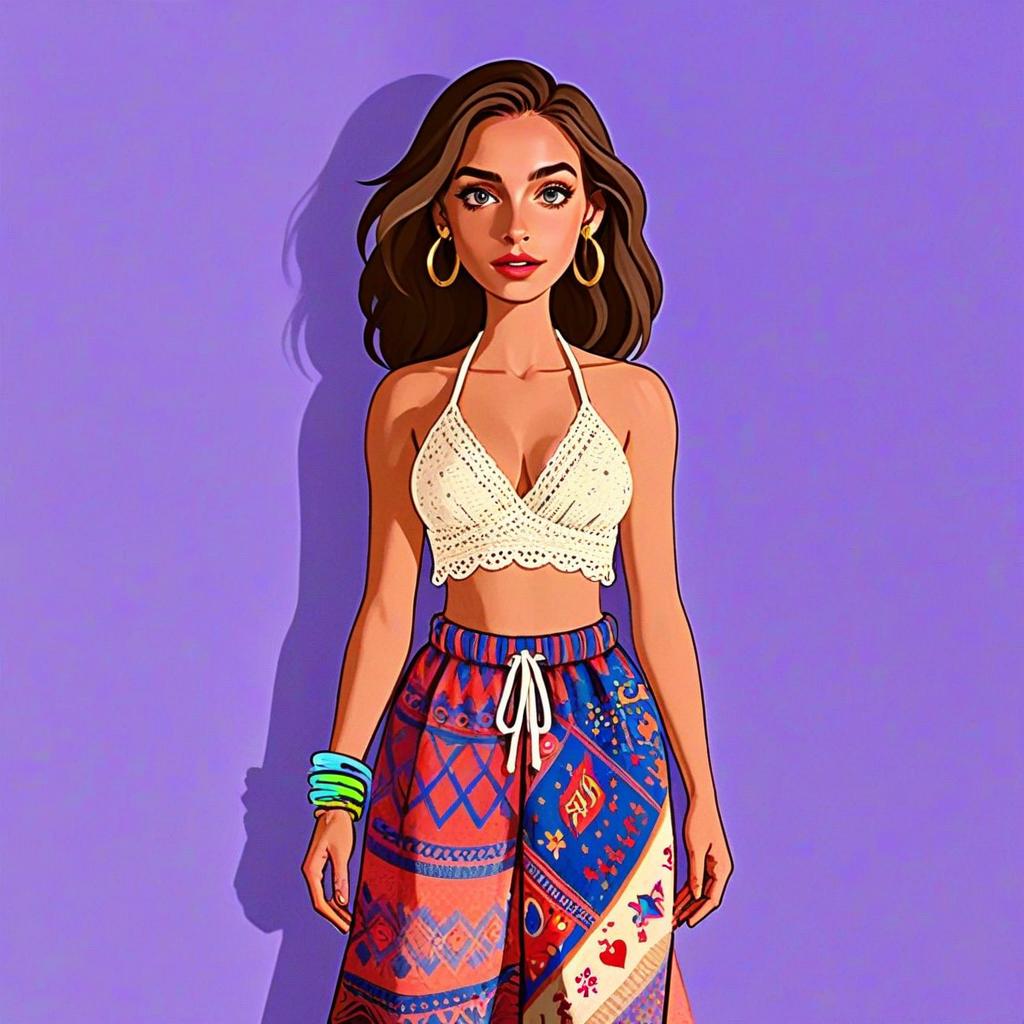 Bohemian Woman with Crocheted Halter Top and Colorful Patterned Pants Digital Illustration