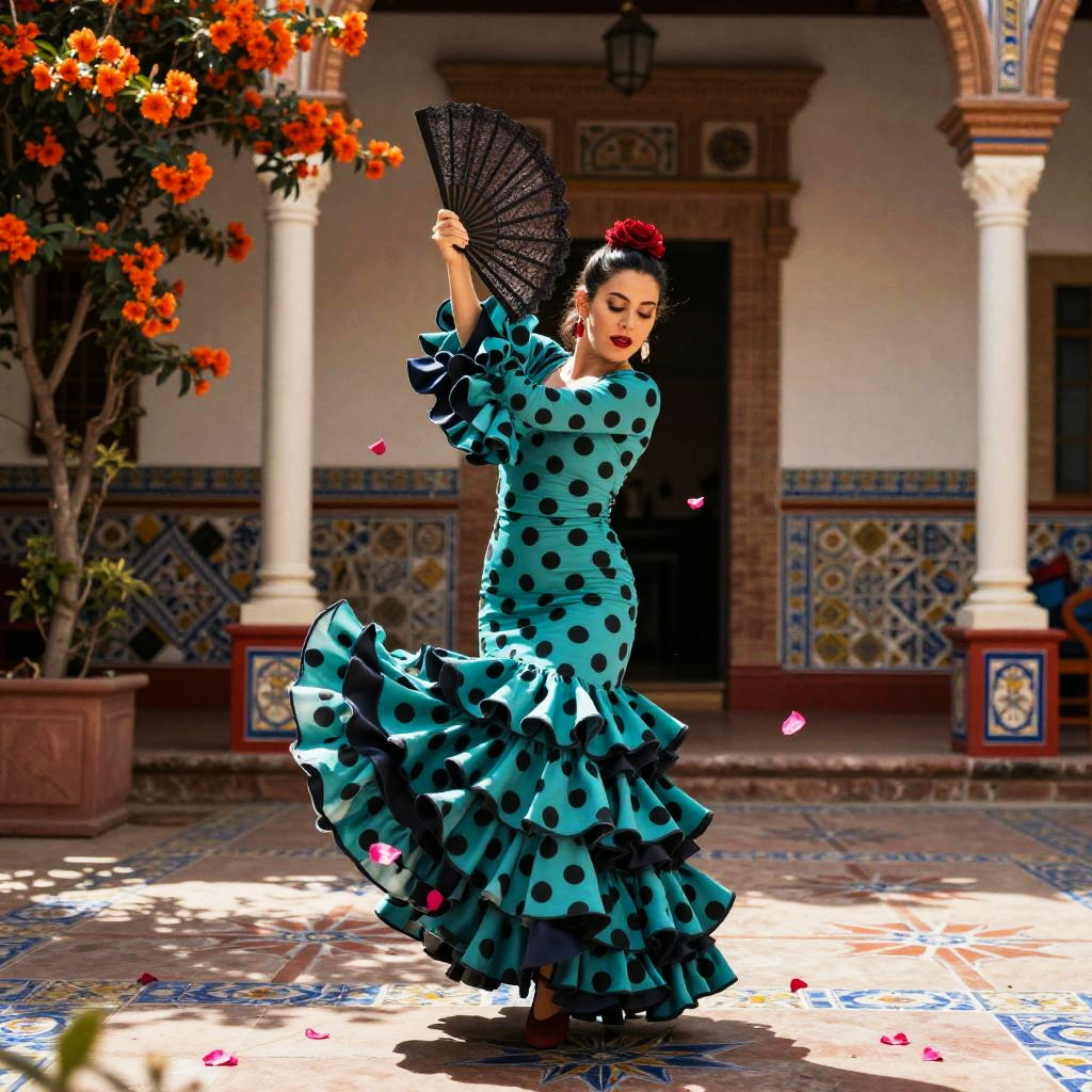 Flamenco Dancer in Polka Dot Dress Performing in Spanish Courtyard