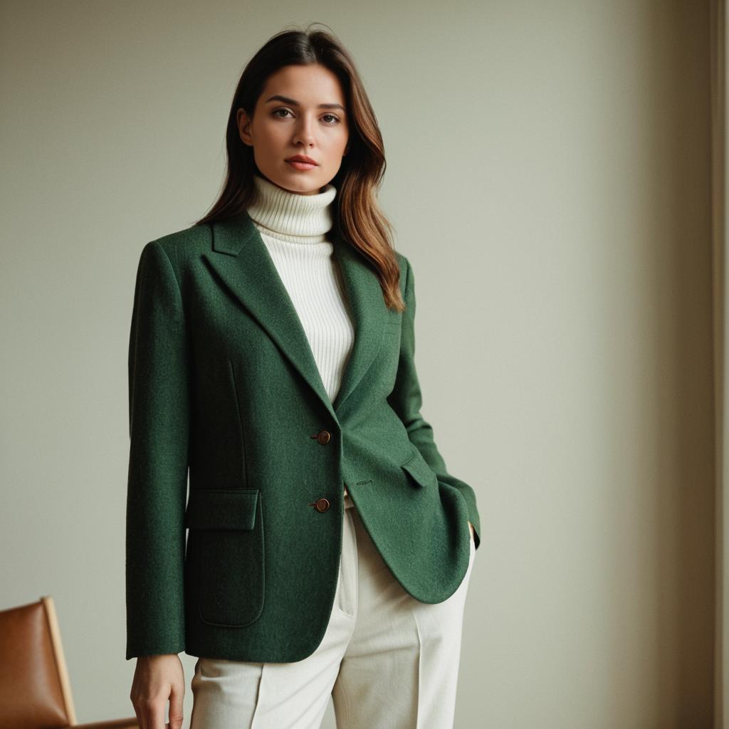 Confident Woman Wearing Green Blazer and White Turtleneck in Minimalist Setting