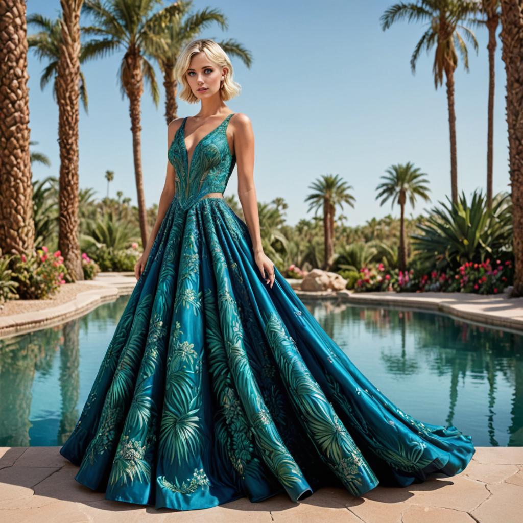 Elegant Woman in Teal Ball Gown by Poolside