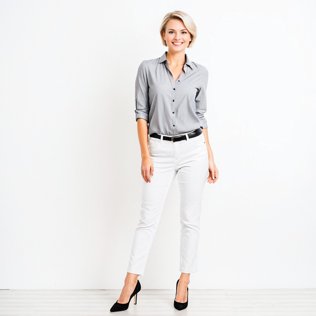 Confident Woman in Stylish Gray Shirt and White Pants Confident Woman in Stylish Gray Shirt and White Pants