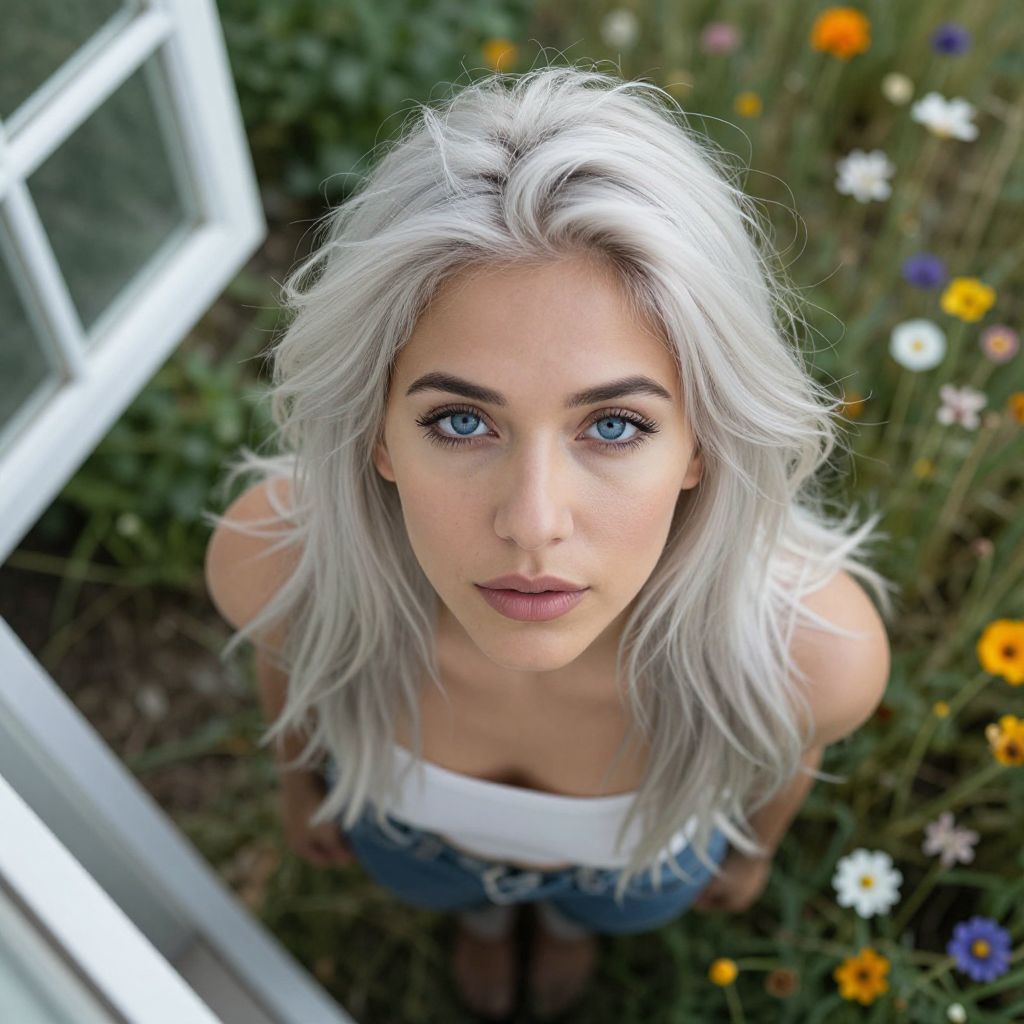 Young Woman with Platinum Blonde Hair in Wildflower Garden Looking Up Through Window